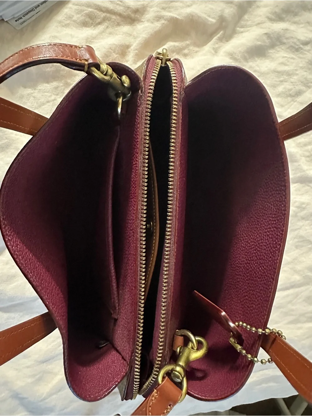 Coach Brown Signature Canvas Satchel with Chestnut Trim and Burgundy Interior